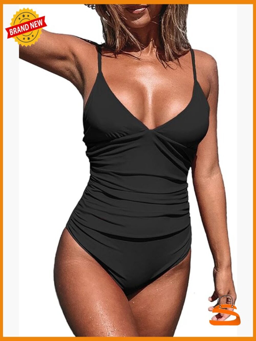 V Neck One Piece Swimsuit Tummy Control Shirred Adjustable Straps